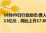 10月09日行业动态:唐人神：前三季度累计生猪销售收入49.13亿元，同比上升17.89%