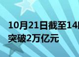 10月21日截至14时28分，沪深京三市成交额突破2万亿元