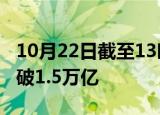 10月22日截至13时49分，沪深两市成交额突破1.5万亿