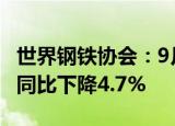 世界钢铁协会：9月全球粗钢产量1.436亿吨，同比下降4.7%