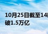 10月25日截至14时12分，沪深两市成交额突破1.5万亿