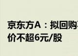 京东方A：拟回购不超10亿元公司股份，回购价不超6元/股